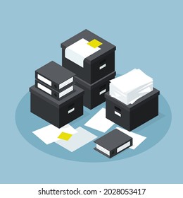 Isometric office paper database storage vector illustration. Stack of cardboard boxes, case, containers with folded sheets. Archival organization for research documents, contracts and agreement