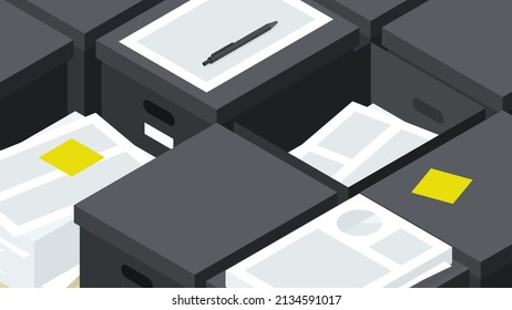 Isometric office paper database storage vector illustration. Cardboard boxes, case, containers with folded sheets. Archival organization for research documents, contracts and agreement.