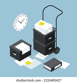 Isometric office paper documents storage vector illustration. Stack of cardboard boxes on dolly. Archival organization for research documents, contracts and agreement