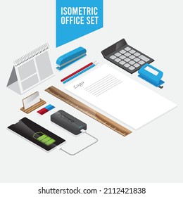 isometric office parts set. calculator, paper, rule, phone, powerbank, calender