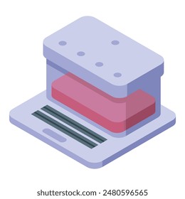 Ilustración de impresora de oficina isométrica con tecnología moderna y diseño digital en colores pastel. Vector gráfico de una máquina de equipos de impresión contemporánea. Aislado en un escritorio