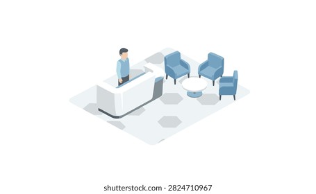 Isometric office reception area featuring a white desk, a receptionist, armchairs, and a small round center table.