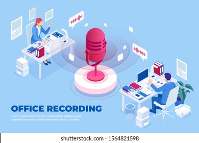 Isometric office recording and digital sound wave concept. Musical melody design. Soundwave audio music. Voice message or recording voice.