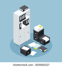 Isometric office room cupboard for paper documents storage vector illustration. Wooden furniture with shelves and cardboard boxes surrounded by stack archival organization. Folder container