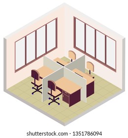 isometric office room icon, with separate, table, and chair