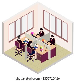isometric office room icon, with separate, table, chair, and employee