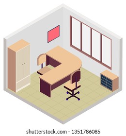 isometric office room icon, with table, chair, and cupboard