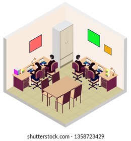 isometric office room icon, with table, chair, cupboard and employees