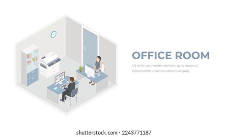 Isometric office room interior concept. People characters working on computers at the workplace. Vector style illustration