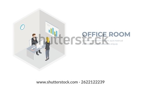 Isometric office room interior concept vector. Business characters male and female. Two people in office concept.