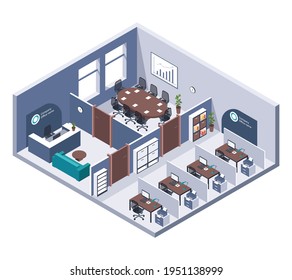 Isometric office. Room interior with furniture, desk and computer, printer and reception. Business building cutaway 3d vector company workplace. Coworking space and meeting or project room