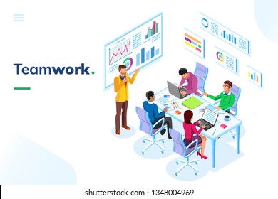 Isometric office room with people at teamwork or presentation concept. Cartoon man and woman at meeting with notebooks and graphs . Young group at team work or brainstorm, working, planning