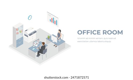 Isometric office room with people. Office workers at a computer. Employees company at work. People work in office.