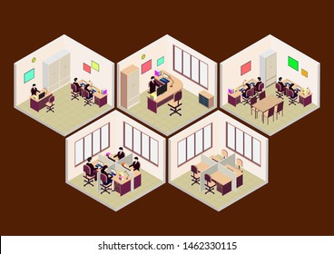 isometric office room set. vector illustrations