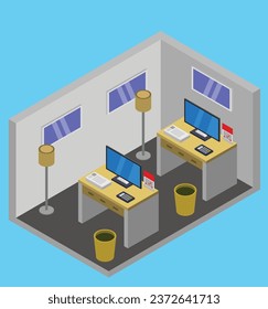 isometric office room test vector design illustration
