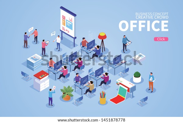 Isometric office\
scene with businessman at\
work