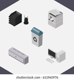 Isometric Office Set Of Garbage Container, Wall Cooler, Desk File Rack And Other Vector Objects. Also Includes File, Cooler, Tray Elements.