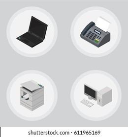 Isometric Office Set Of Office Phone, Laptop, Computer And Other Vector Objects. Also Includes Photocopier, Desktop, PC Elements.