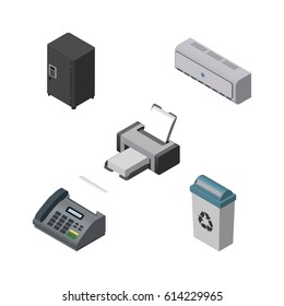Isometric Office Set Of Printing Machine, Wall Cooler, Office Phone And Other Vector Objects. Also Includes Junk, Conditioner, Locked Elements.