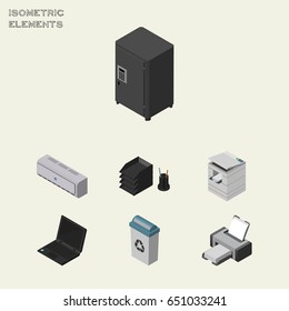 Isometric Office Set Of Printing Machine, Scanner, Laptop And Other Vector Objects. Also Includes Photocopier, Locked, Bin Elements.