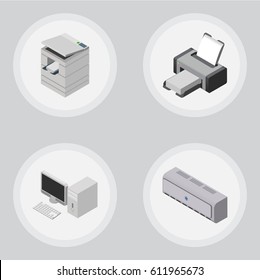 Isometric Office Set Of Scanner, Computer, Wall Cooler And Other Vector Objects. Also Includes Printing, Printer, Air Elements.