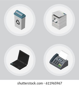 Isometric Office Set Of Scanner, Office Phone, Garbage Container And Other Vector Objects. Also Includes Computer, Printer, Fax Elements.