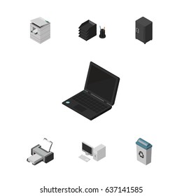 Isometric Office Set Of Strongbox, Desk File Rack, Garbage Container And Other Vector Objects. Also Includes Photocopier, Strongbox, Machine Elements.