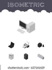 Isometric Office Set Of Wall Cooler, Computer, Printing Machine And Other Vector Objects. Also Includes Scanner, File, Printing Elements.