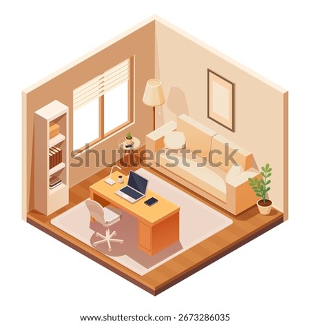 isometric office with sofa and desk with laptop, vector illustration