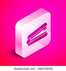 Isometric Office stapler icon isolated on pink background. Stapler, staple, paper, cardboard, office equipment. Silver square button. Vector Illustration
