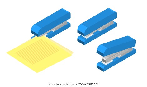 Isometric office staplers for joining sheets of paper with staples. Office stationery. 3D vectors isolated on white background top view at an angle