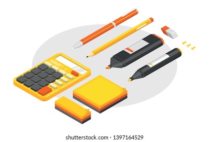 Isometric office stationery, accessories set. Colorful office and  school stationery. Pen, pencil, markers, sticky notes, calculator, eraser and office pins isometric illustration