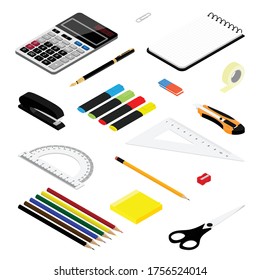 Isometric office stationery set. Collection includes adhesive tape, stapler, ruler, scissors, pen, eraser, knife,  marker, sticky notes, calculator, sharpener and notepad