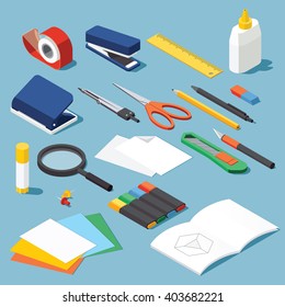 Isometric office stationery set. Collection includes adhesive tape, stapler, ruler, tube glue, hole puncher, dividers, scissors, pen, eraser, knife, magnifier, open book, paper, marker. Stock vector.