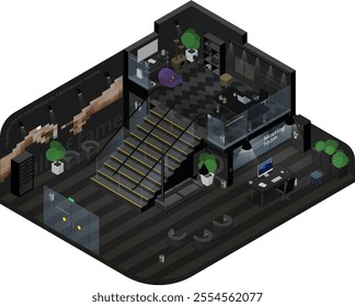 Isometric office, studio space, creative workplace