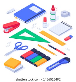 Isometric office supplies. School stationery tools, pencil eraser and pens. Stationery stapler, notebook and ruler tool supplies or workspace equipment isolated 3d icons vector set