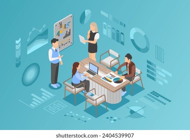 Isometric office team working. Brainstorm process, managers discuss graphs, plans or financial results. Start up development, flawless vector scene