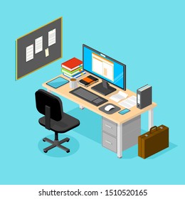 Isometric Office Technology Business Workspace Concept Vector with smart phone, tablet, desktop computer