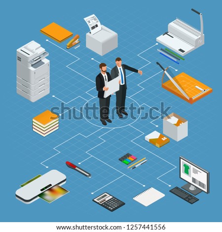 Isometric office tools concept. Vector icons illustration stapler, laminator, binder, office knife, multifunctional office printer, office cutter