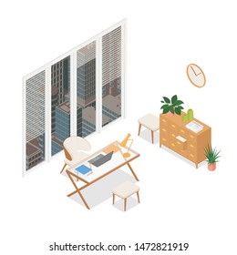 Isometric office with a view, on white. Vector illustration in flat design, isolated.