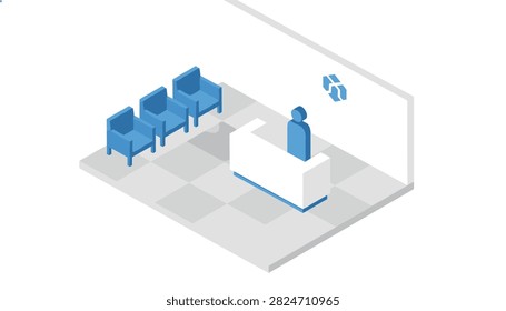 Isometric office waiting room showing a reception desk, staff member, and a row of blue chairs against a white wall.