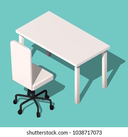 Isometric office white table and chair. Modern workplace design, vector. Minimalistic 3d illustration