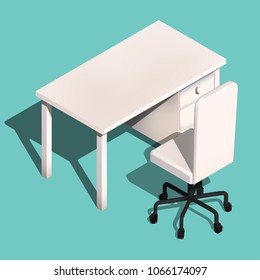 Isometric office white table and chair. Modern workplace design, vector. Minimalistic 3d illustration