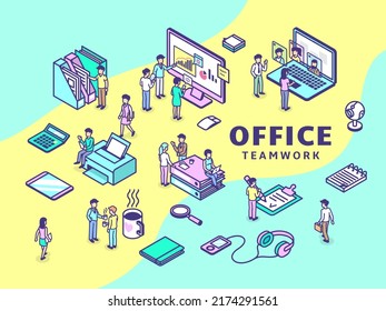 Isometric Office Work Concept. Co Working Business Flow, Staff Marketing Using Resources. Teamwork And Technology Platform Retro 3d Tidy Vector Scene