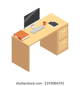 Escritorio de trabajo de oficina isométrico con carpetas de computadora y taza de café ilustración vectorial 3d