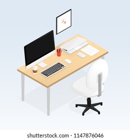 isometric office work place laptop vector