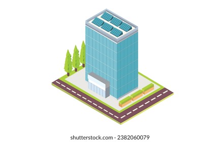 Edificio de vidrio de la estación de trabajo isométrica de la oficina isométrica con paneles solares.sobre fondo blanco.Diseño 3D.diseño vectorial isométrico Ilustración.