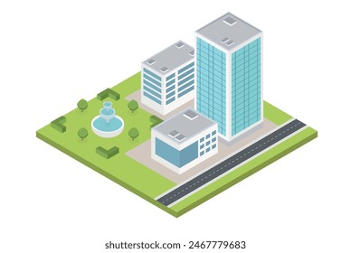 Isometric office, work station, glass building on white background. 3D design isometric vector Illustration.