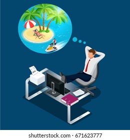 Isometric Office Worker Or  Businessman In The Workplace Dreams Of Rest, Vacation And Travel. A Break In The Time Of Work. Flat Illustration Of Man Dreaming About Summer Vacation On The Beach.