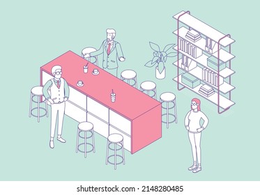 Isometric office with working people. Vector illustration flat design isolated. Male and female characters. Office and casual clothes. Outline, linear style, line art. Workspace, coworking, meeting.